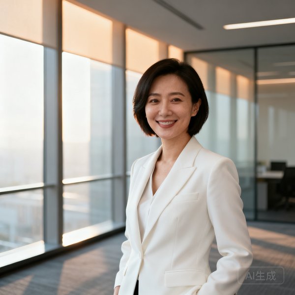 88看球CEO李薇，短发干练的亚洲女性，面带微笑，身穿白色西装外套，站在办公室落地窗前